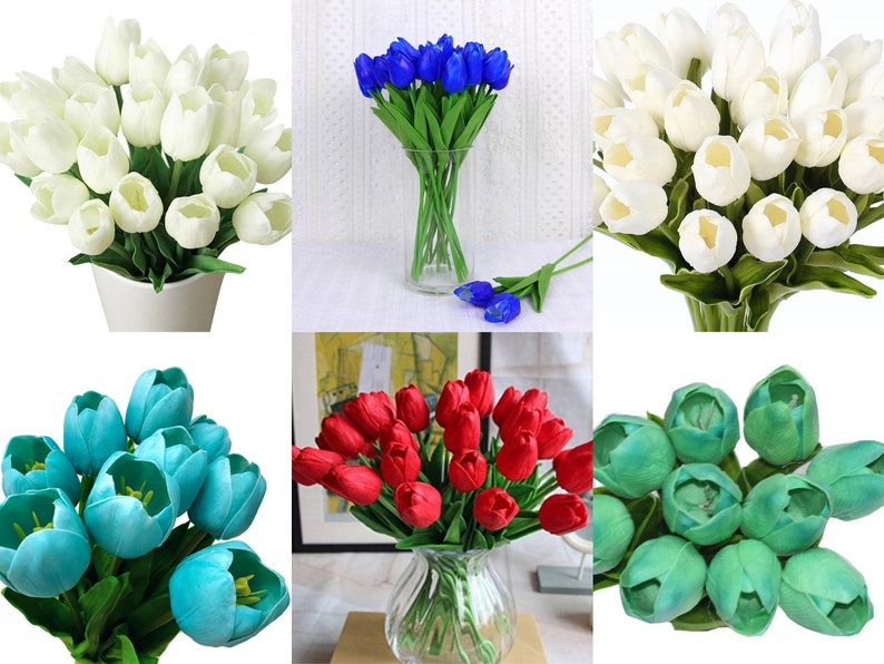 May include: A set of ten artificial tulip flower stems in various colours, including white, blue, red, and green. The tulips are arranged in bouquets and displayed in vases.