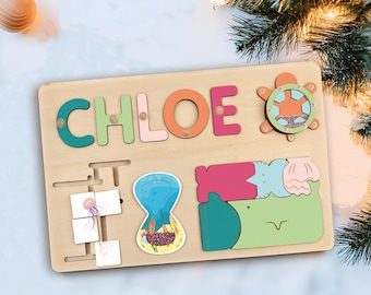 Wooden Busy Board Name Puzzle, Personalized Puzzle for Toddler, Baby 1st Birthday Gift & Christmas, Easter gift