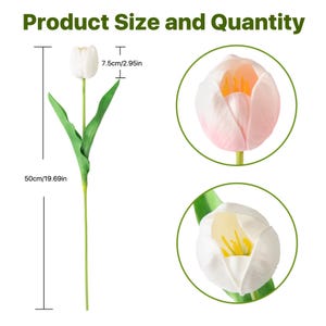 May include: A set of three artificial tulip stems, each with a single white or pink tulip flower. The stems are 50cm long and the flowers are 7.5cm wide. Product Size and Quantity text is visible at the top of the image.