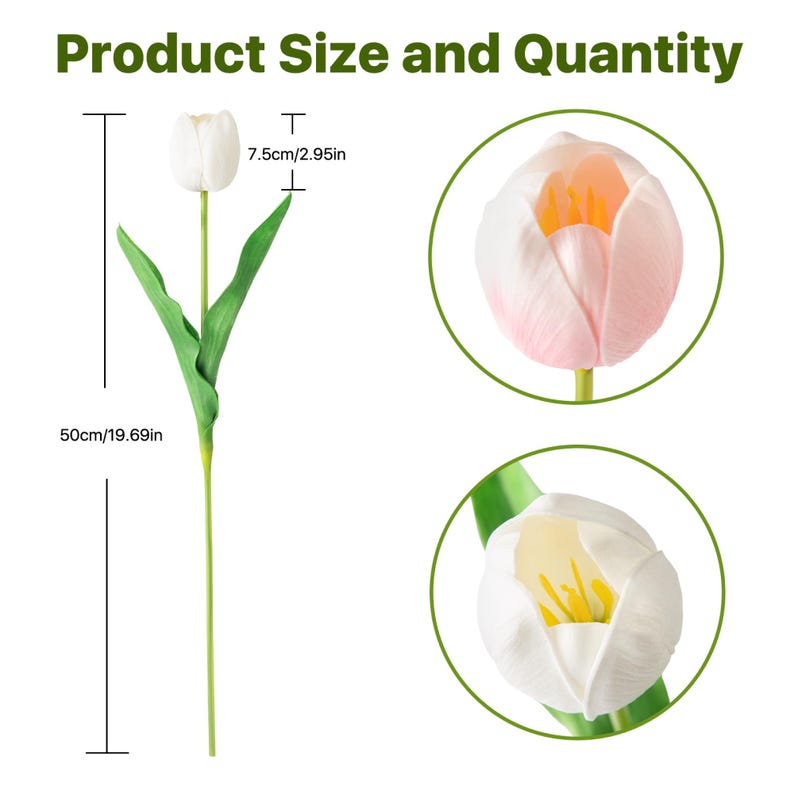 May include: A set of three artificial tulip stems, each with a single white or pink tulip flower. The stems are 50cm long and the flowers are 7.5cm wide. Product Size and Quantity text is visible at the top of the image.