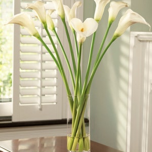 May include: A bouquet of white calla lilies arranged in a clear glass vase. The lilies are in a vase on a wooden table.