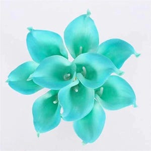 USA SELLER tiff Aqua Blue Real Touch 18 pcs Artificial PU Calla lily flowers 14 inches