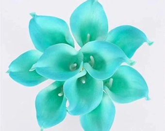 Aqua Blue Real Touch Calla Lilies: 18-Piece PU Bouquet, 14-inch