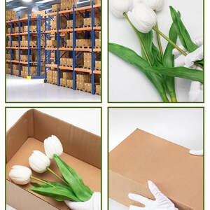 May include: A bouquet of three white artificial tulips with green stems and leaves is packaged in a brown cardboard box. The box is being closed by a gloved hand.
