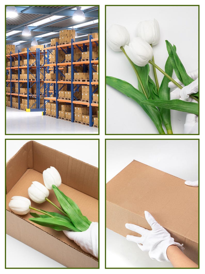 May include: A bouquet of three white artificial tulips with green stems and leaves is packaged in a brown cardboard box. The box is being closed by a gloved hand.