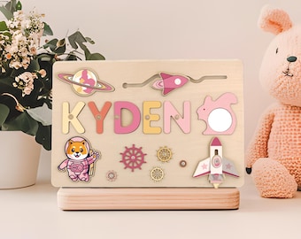 Name Puzzle Wooden Busy Board,Montessori Baby Personalized Name Toy for Toddlers,Baby Gift 1st Birthday & Baby Shower Gift