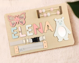 Wooden Busy Board Featuring Custom Name Puzzle, Montessori Sensory Activity for Toddlers - Unique Baby Boy Gift Easter Present