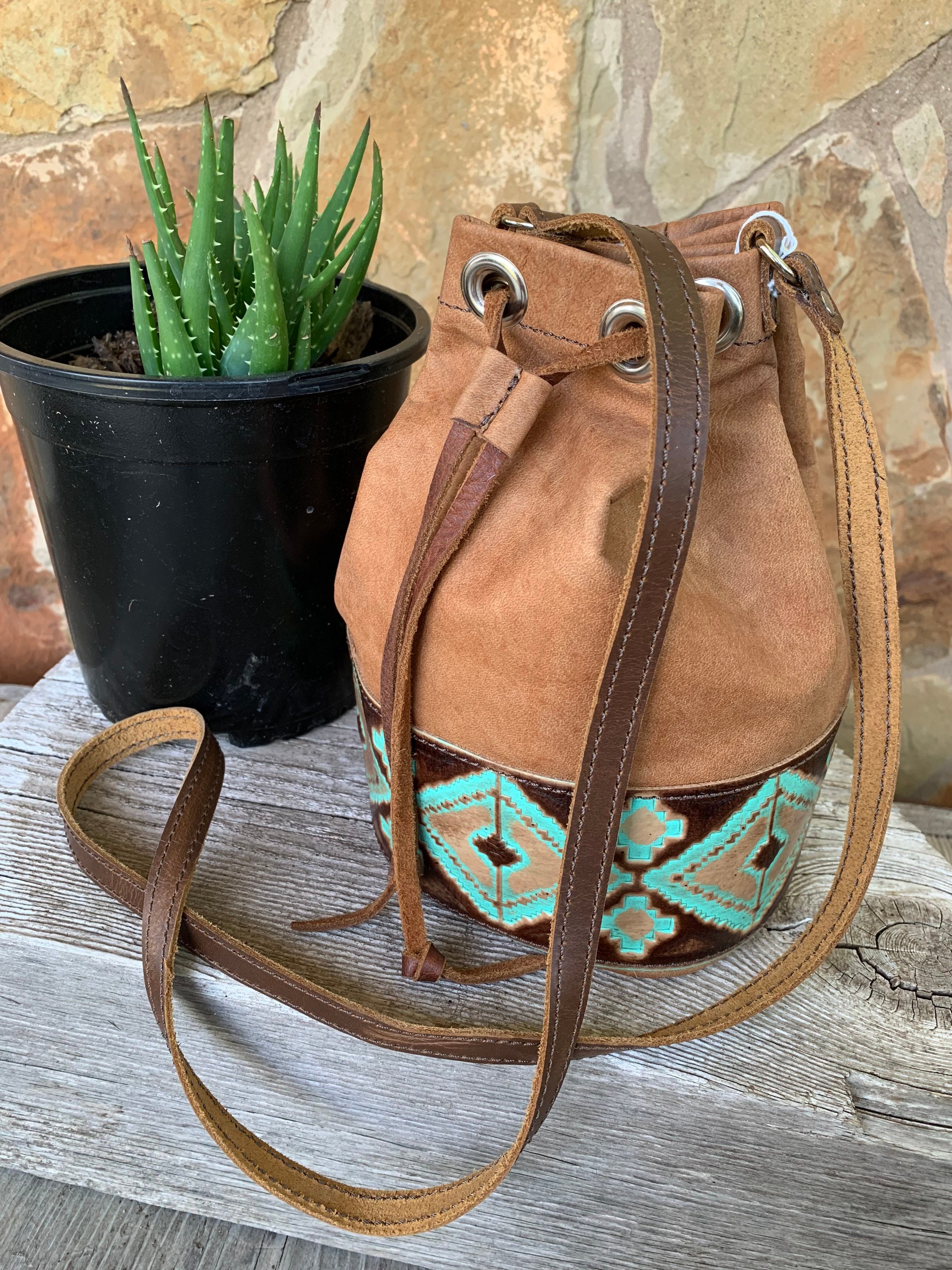 Boho Drawstring leather bag distressed brown leather Etsy