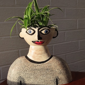 May include: A white ceramic planter shaped like a person's head with a black and white patterned shirt. The planter has a painted face with blue eyes, a black nose, and a red mouth. A green plant is growing out of the top of the planter.