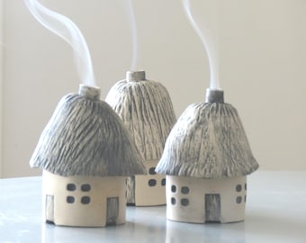 Handmade Scottish Stoneware Incense Cone Burner, Thatched Cottage Design