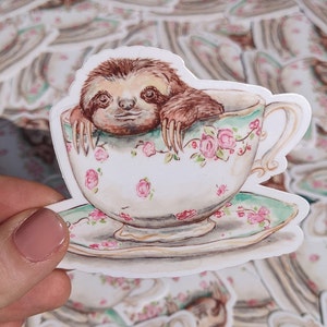 Cute Sloth in a Teacup, Weatherproof Vinyl Sticker