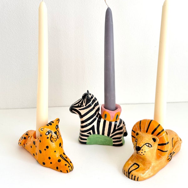 Lion Taper Candle Holder-handmade-ceramic-bright colors