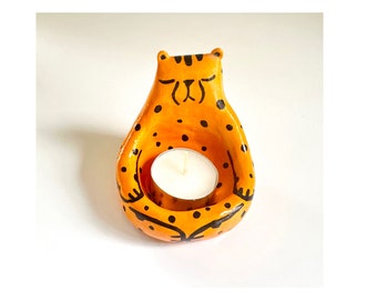 Meditating Cheetah Votive Candle Holder-handmade-ceramic-bright colors