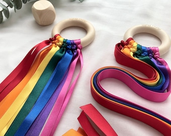 Juguete sensorial para bebés de madera / Juguete para niños pequeños de madera / Anillo de cinta sensorial arco iris / Juguete Waldorf / Cometa de mano arco iris Juguete Montessori