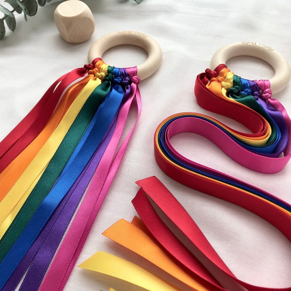 Wooden Baby Sensory toy | Wooden toddler toy | Rainbow Sensory ribbon ring | Waldorf toy | Rainbow hand kite Montessori toy