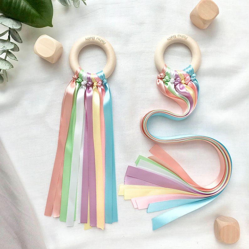 Montessori toy Baby Sensory toy Sensory ribbon toy Waldorf toy Wooden baby toys Wooden toddler toys Rainbow hand kite Pastel rainbow