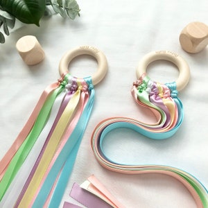 Montessori toy Baby Sensory toy Sensory ribbon toy Waldorf toy Wooden baby toys Wooden toddler toys Rainbow hand kite zdjęcie 6