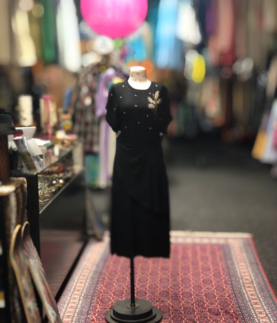 40s Black peplum dress with beaded flowers - image 1