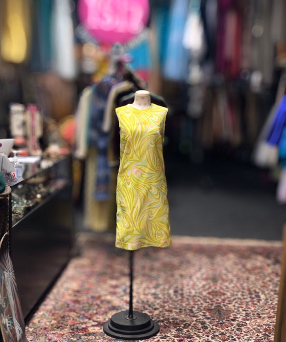 60s yellow psychedelic shift dress