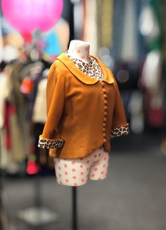 50s 60s Burnt Orange Wool Jacket with Leopard Pri… - image 3