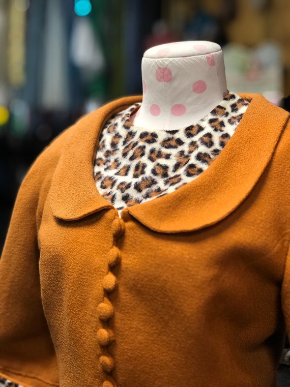 50s 60s Burnt Orange Wool Jacket with Leopard Pri… - image 5