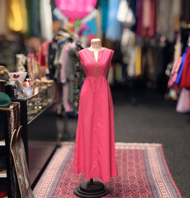 60s homemade pink dress with embroidered flowers