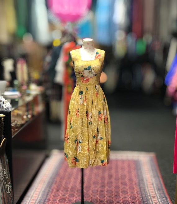 40s 50s sheer yellow floral summer dress