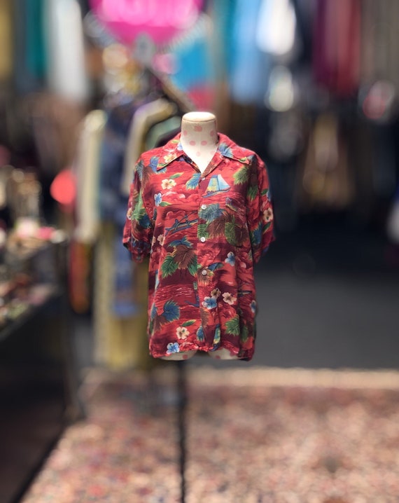 50s red rayon Hawaiian shirt by Aloha Coast to Coa