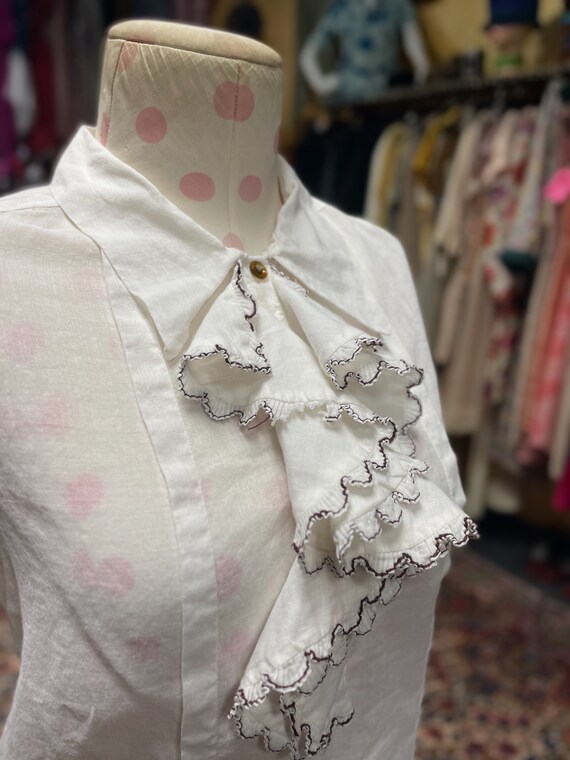 50s white cotton blouse with ruffled front and br… - image 3