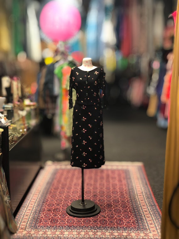 50s black wool skirt and top with embroidered flow