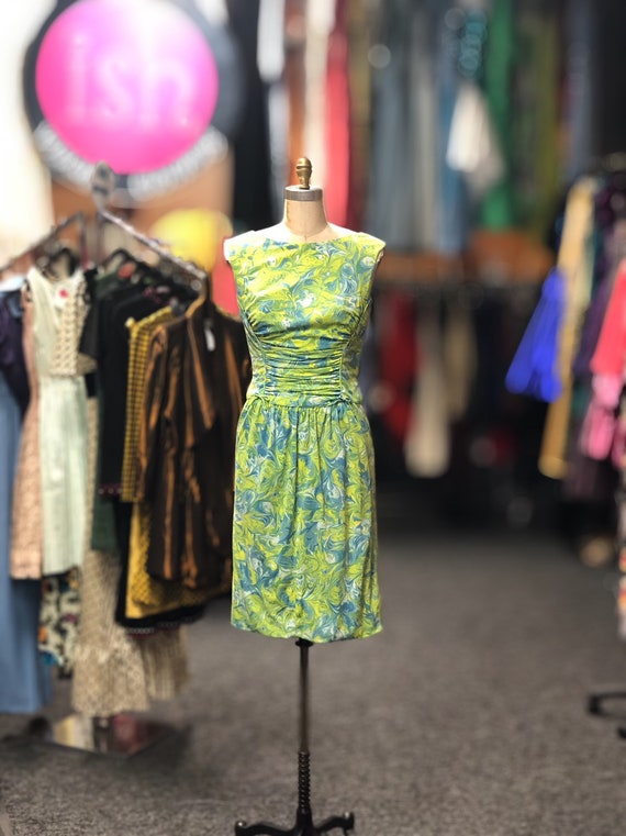 1960s Peggy Hunt Green and Blue Dress