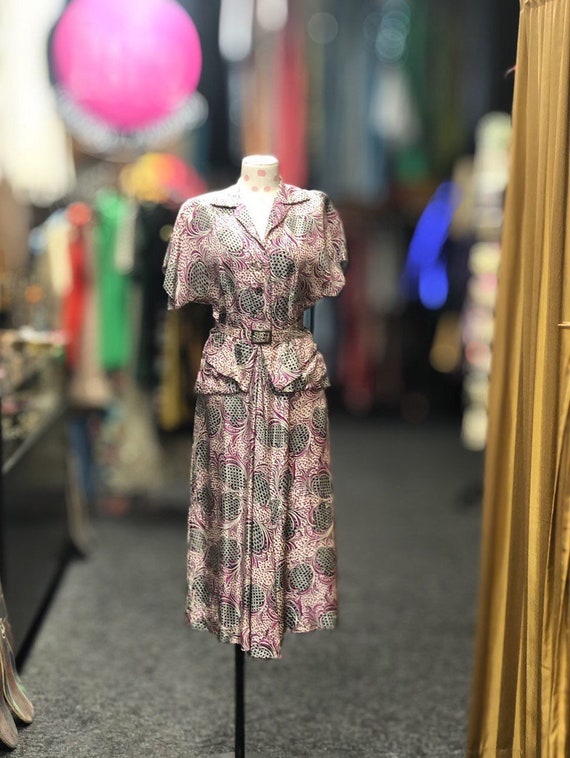 1940s Purple Peplum Dress W/Belt