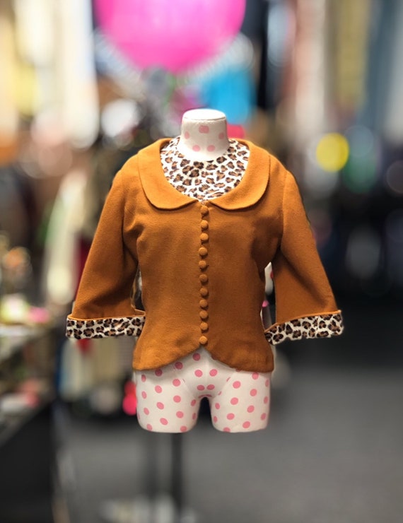 50s 60s Burnt Orange Wool Jacket with Leopard Pri… - image 2