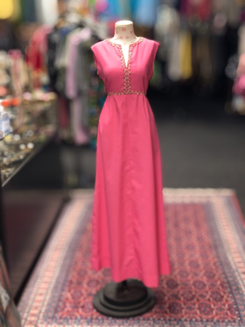 60s homemade pink dress with embroidered flowers
