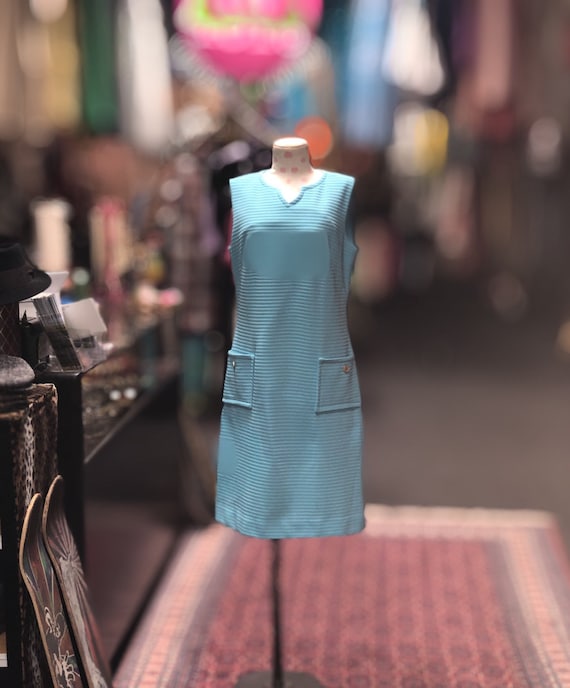 60s Turquoise shift dress with pockets - image 1