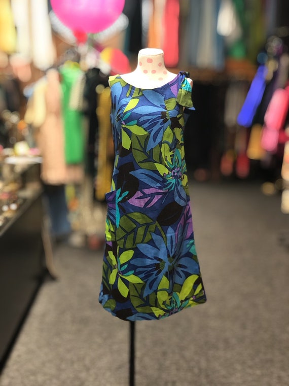 60s Blue/Green Rose Marie Reid floral shift