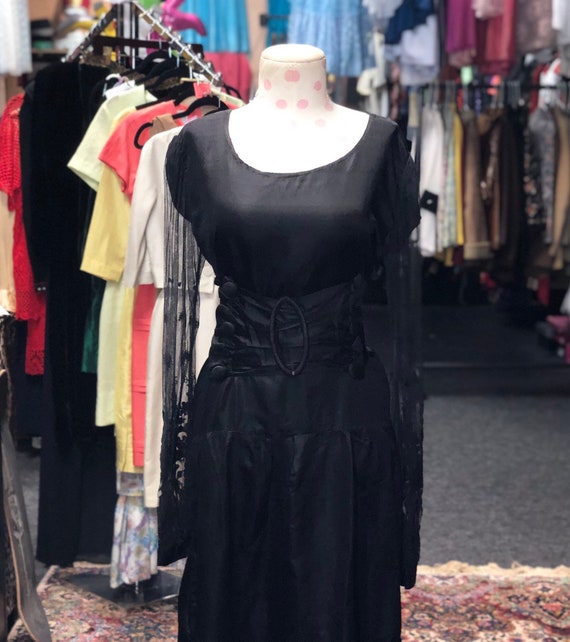 30s 40s silk dress with lace sleeves and wise belt - image 1