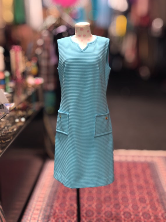 60s Turquoise shift dress with pockets - image 2