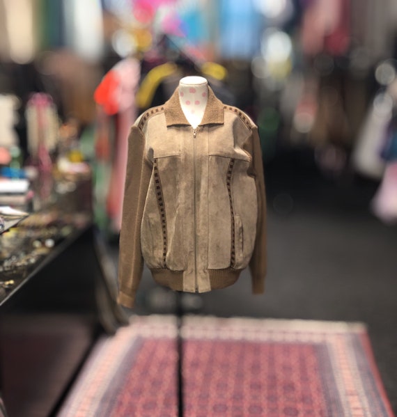 70s brown suede paneled knit jacket