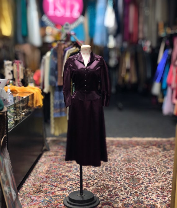 40s 2 piece purple satin skirt set with silver and