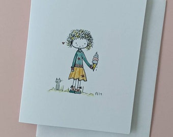 Little ice-cream girl, blank inside card, any occasion, adorable, cute, little ice-cream girl, little girl, kids cards, children, ice-cream