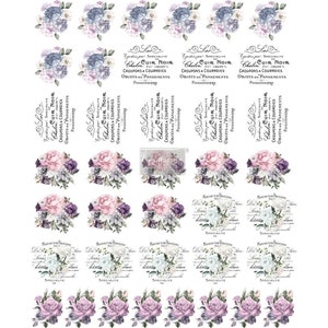 May include: A sheet of floral transfer designs featuring various bouquets of hydrangeas, peonies, and roses in shades of purple, pink, and white. Some designs include French text, such as "CUIR NOIR" and "SPECIALITE".