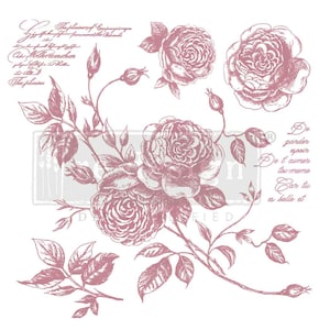 May include: A pink floral design with roses, leaves, and stems, with text in English and French. The design is 12 inches (30.4 cm) square. The image features detailed botanical illustrations, perfect for crafting or home decor projects.