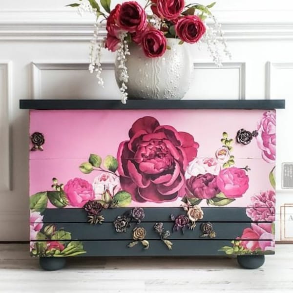 Lush Floral Furniture Transfer - Redesign with Prima Decor Decal - Bold Pink Flowers