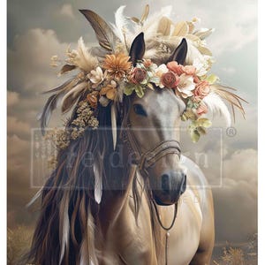 May include: A digital art print of a horse adorned with a floral and feather headdress. The horse has a brown coat and long, flowing mane with feathers. The background features a cloudy sky and tall grass.