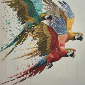 May include: An artistic painting of three colorful macaws in flight. The birds feature vibrant plumage in shades of red, blue, yellow, and green, with wings spread wide. The background is a soft, neutral color.