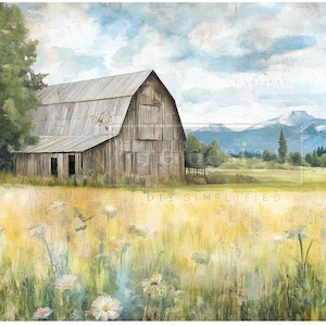 May include: A watercolor painting of a rustic barn in a field of wildflowers. The barn is weathered with a gray roof and wooden siding. The field is filled with yellow and white flowers, with mountains in the background under a cloudy sky.