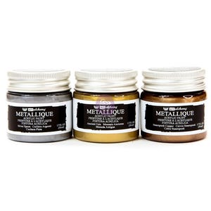 May include: Three 1.7 fl oz bottles of metallic acrylic paint. The bottles are labeled "Metallic" and feature the brand name "Art Alchemy". The colors are silver, gold, and copper.