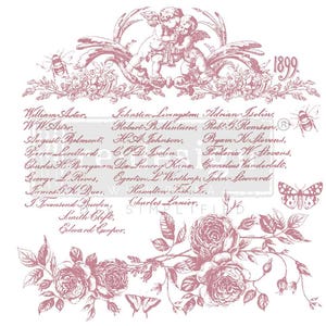 May include: A square decorative transfer sheet measuring 12 inches by 12 inches, featuring a dusty rose ink design of two cherubs, floral rose arrangements, bees, a butterfly, the year 1899, and a list of names including William Astor.