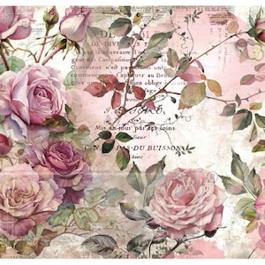 May include: A vintage-style floral design featuring watercolor roses in shades of pink and mauve, with green leaves and stems. The background includes faded French text and a textured, aged appearance, creating a romantic and antique aesthetic.